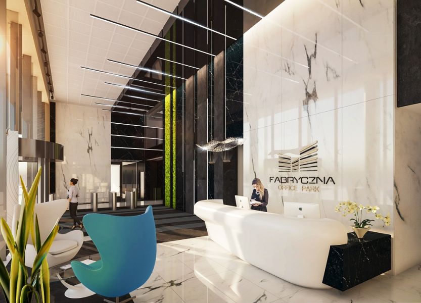  - Fabryczna Office Park to nazwa części biurowej kompleksu - wizualizacja lobby