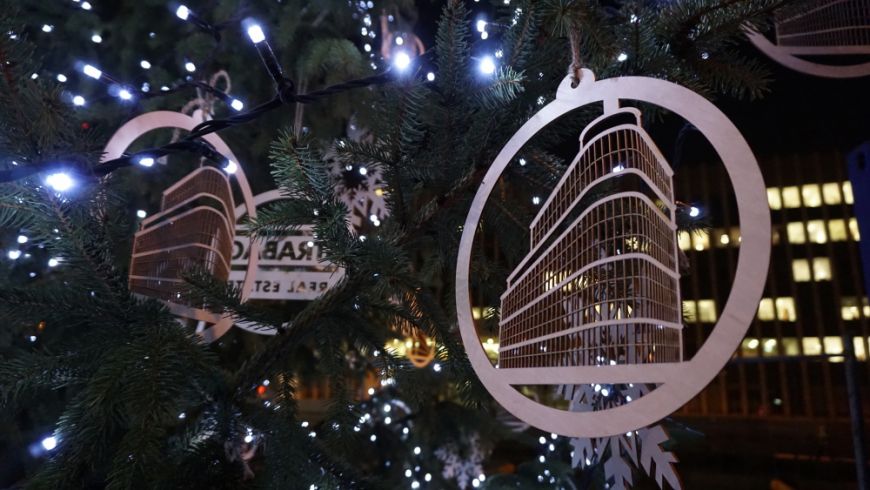  - Christmas tree with untypical decorations on the construction site of Astoria office in Warsaw