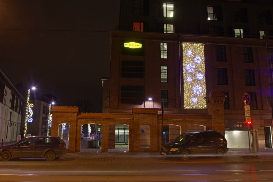  - Christmas illuminations on A building of Lubicz Brewery complex in Cracow